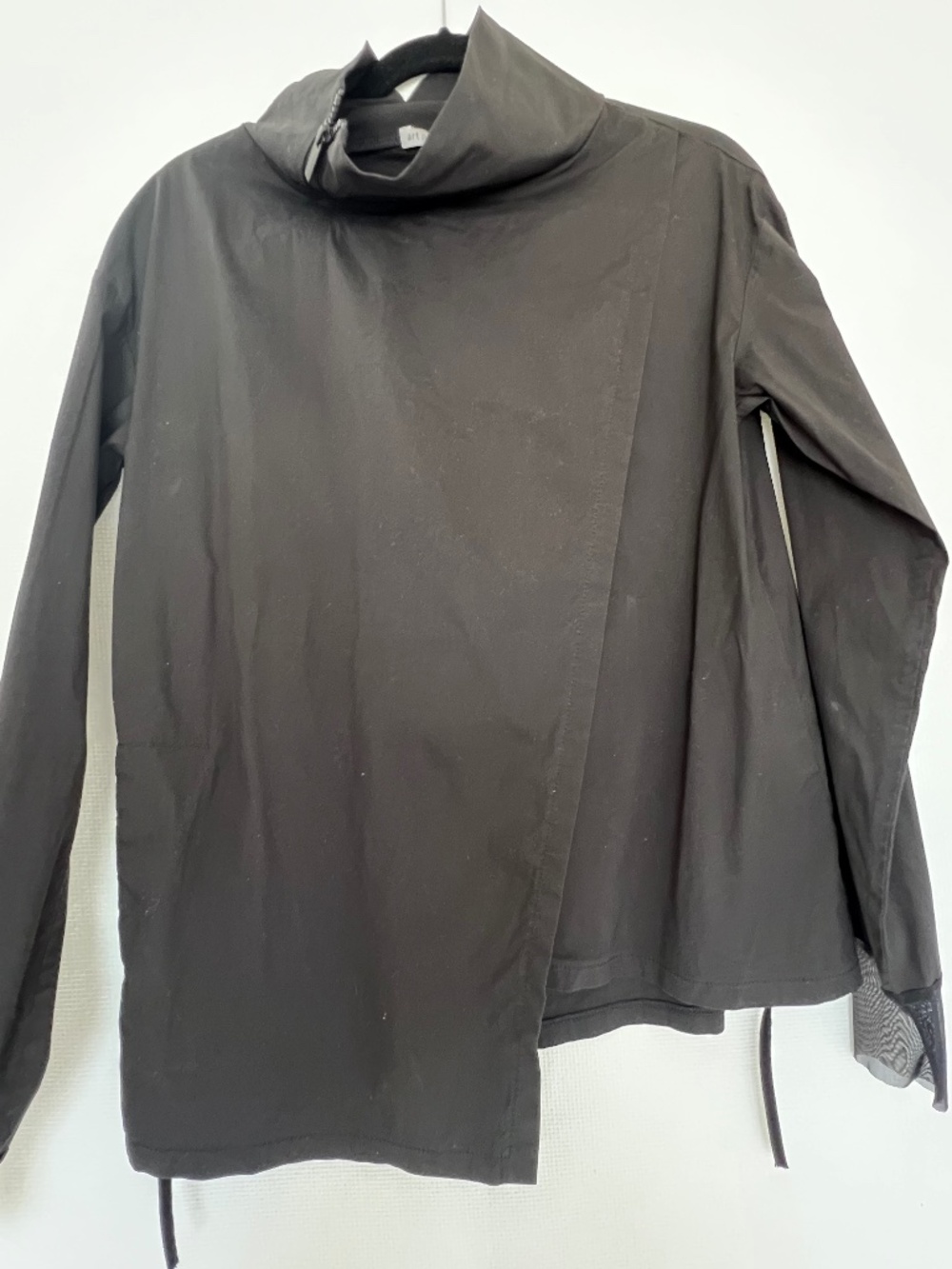 Artpoint Black Asymmetric Funnel Neck Mesh Overlay Cotton Blouse Top S
